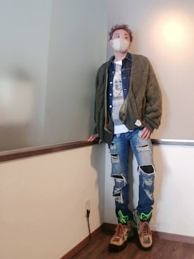 「ボア」｜「アイテム（デニムジャケット）」を使った、P３さん（メンズ・178cm）の冬コーディネート