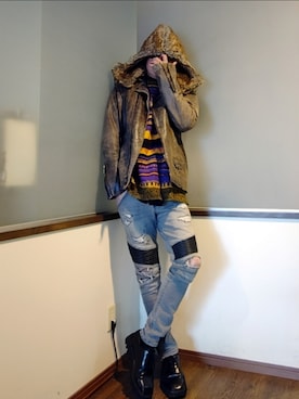 「アイテム（ライダースジャケット）」を使った、P３さん（メンズ・178cm）の秋コーディネート