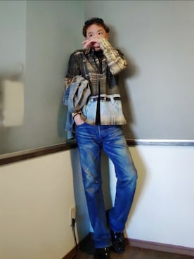 「ZARA（ザラ）のZARA×ANDERSONBELLトロンプルイユプリントシャツ　sizeМ　（シャツ/ブラウス、ブラウン系）」を使った、P３さん（メンズ・178cm）の春コーディネート