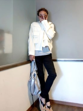「soerte（ソエルテ）のMulti pocket military shirt jacket/マルチポケットミリタリーシャツジャケット（ミリタリージャケット、ホワイト系）」を使った、P３さん（メンズ・178cm）の夏コーディネート