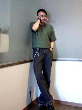 「soerte（ソエルテ）のMULTI COLLAR JACQUARD KNIT POLO/マルチカラージャガードニットポロ（ポロシャツ、グリーン系）」を使った、P３さん（メンズ・178cm）の夏コーディネート