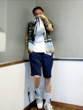 「ZARA（ザラ）のZARA×ANDERSONBELLトロンプルイユプリントシャツ　sizeМ　（シャツ/ブラウス、ブラウン系）」を使った、P３さん（メンズ・178cm）の夏コーディネート