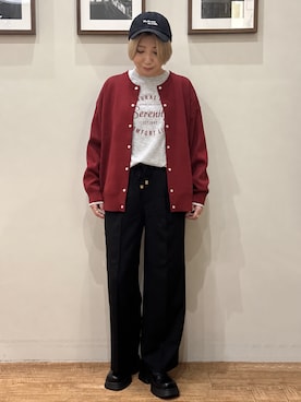 「SHOO・LA・RUE（シューラルー）の【セットアップ可/洗濯機可】軽やかに羽織れる スポンディッシュ ニットカーディガン（カーディガン/ボレロ、レッド系）」を使った、RA★SEさん（レディース・162cm）の秋コーディネート