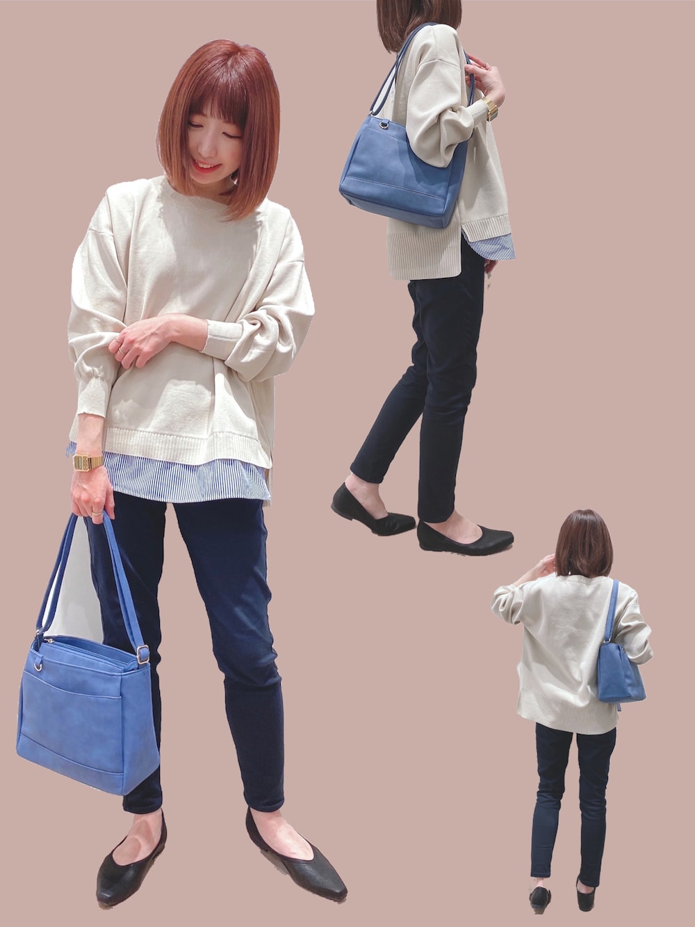 ベージュ系のニット/セーター、ブラック系のその他パンツ、ブラック系のパンプスを着用したレディースの春コーディネートの1枚目の写真