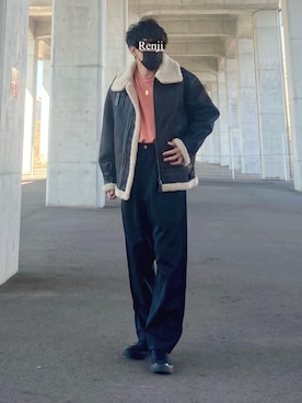 「Lee」｜「アイテム（ムートンコート）」を使った、Renjiさん（メンズ・173cm）の秋コーディネート