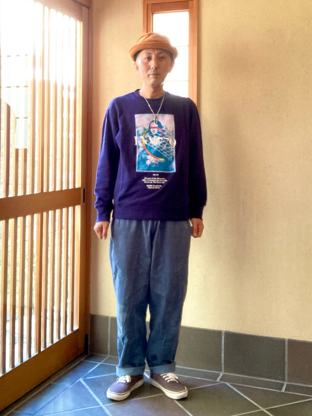 「秋ルック紹介するよ、ヘアーカット」｜「GUのサイズL（パンツ、ブルー系）」を使った、オッパみさん（メンズ・165cm）の秋コーディネートの1枚目の写真