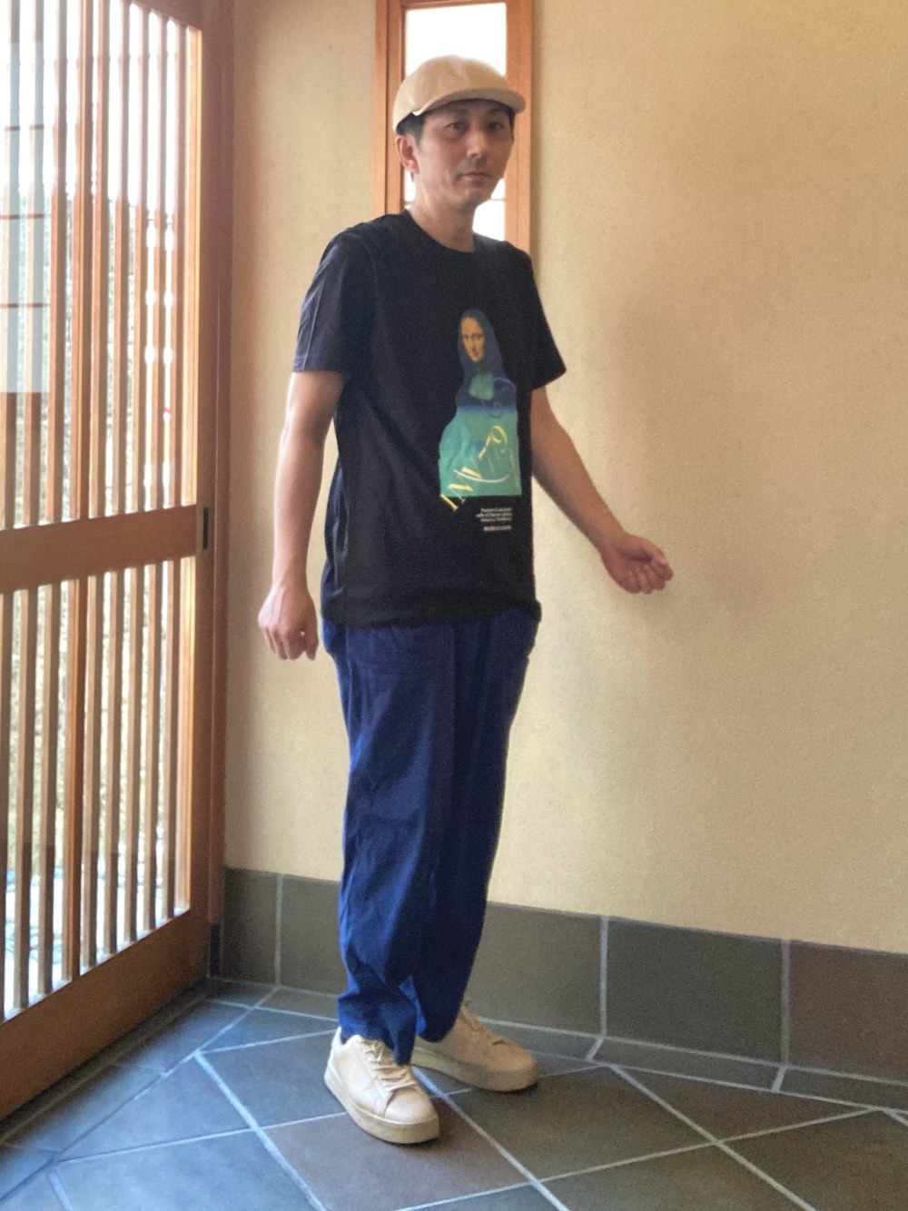 「あたまにキャップフェス、ガーデニングパンツ、ショートバイザー」｜「coenの起毛ガーデンイージーパンツ（その他パンツ、ブルー系）」を使った、オッパみさん（メンズ・165cm）の夏コーディネートの1枚目の写真