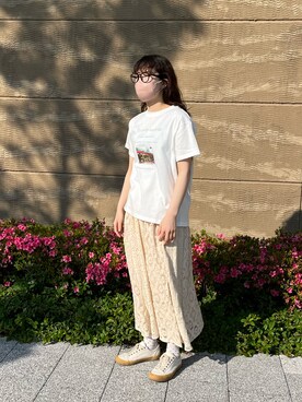 「Samansa Mos2（サマンサ モスモス）のフォトプリントTシャツ（Tシャツ/カットソー、ホワイト系）」を使った、かなさん（レディース・163cm）の夏コーディネート