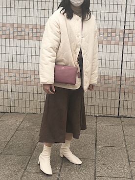 「GU（ジーユー）のアイテム（ノーカラージャケット）」を使った、まいまいさん（レディース・161cm）の冬コーディネート