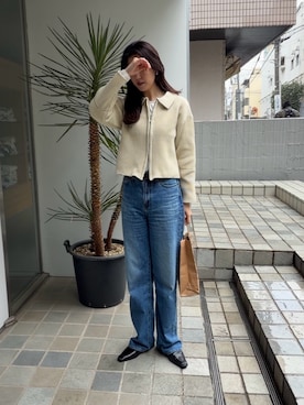 「TRIANGLE PALETTE（トライアングルパレット）の襟付き ダブルZIP スポンディッシュ ニットブルゾン（カーディガン/ボレロ、ホワイト系）」を使った、hisaさん（レディース・170cm）の春コーディネート