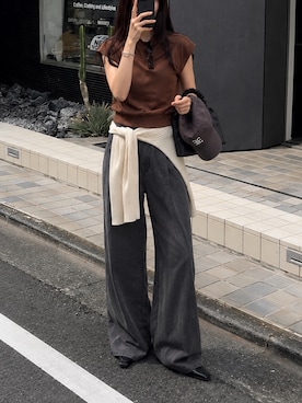 「TRIANGLE PALETTE（トライアングルパレット）のフレンチスリーブZIP付きトップス /前後２way（Tシャツ/カットソー、ブラウン系）」を使った、hisaさん（レディース・170cm）の春コーディネート