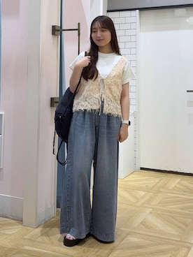 「LOWRYS FARM（ローリーズファーム）のフライスチビＴＥＥ 637055（Tシャツ/カットソー、ホワイト系）」を使った、るりこさん（レディース）の夏コーディネート