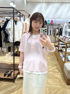 「LOWRYS FARM（ローリーズファーム）のレイヤードヘンリーSS　638392（Tシャツ/カットソー、ピンク系）」を使った、るりこさん（レディース）の夏コーディネート