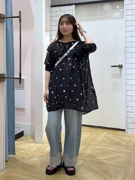 「LOWRYS FARM（ローリーズファーム）のシシュウミニワンピースＳＳ　1046529（ワンピース、ブラック系）」を使った、るりこさん（レディース）の夏コーディネート