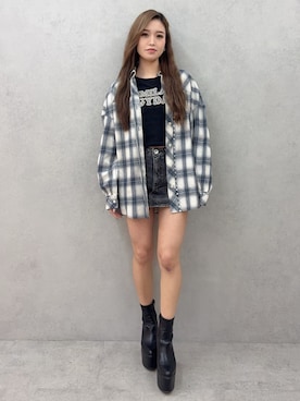 「GYDA（ジェイダ）のbijouチェックシャツ（シャツ/ブラウス、ブルー系）」を使った、KURENAさん（レディース・153cm）の春コーディネート