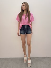ハイウエストボタンBACKカーブクロスGYDA chainデニムショートパンツ