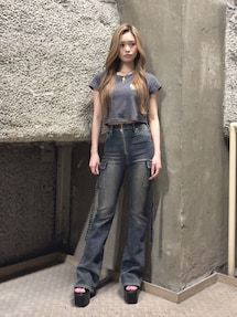 ハイウエストsacred edge cross ZIPデザインフレアデニムパンツ