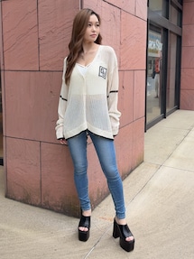 ミドルウエストSIDE CUT INNER DAMAGEスキニーデニムパンツ