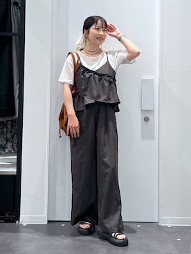 「アイテム（つなぎ/オールインワン、ブラック系）」を使った、emaさん（レディース・155cm）の夏コーディネート