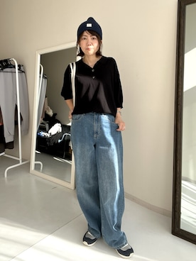 「SMILE LAND（スマイルランド）の＜大きいサイズ＞バレルレッグデニムパンツ（ゆったりヒップ）（デニムパンツ）」を使った、chiiiさん（レディース・157cm）の秋コーディネート