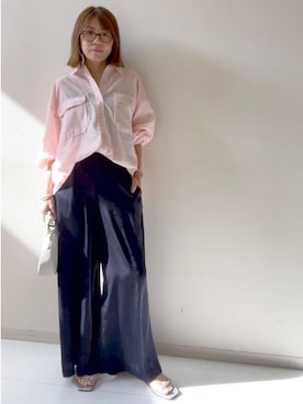 「nissen（ニッセン）のシャイニーサテンクラック柄ワイドパンツ（UVカット・吸汗速乾・接触冷感）＜大きいサイズ有＞（パンツ、ブルー系）」を使った、chiiiさん（レディース・157cm）の春コーディネート