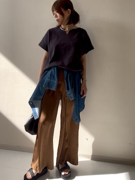 「nissen（ニッセン）のシャイニーサテンクラック柄ワイドパンツ（UVカット・吸汗速乾・接触冷感）＜大きいサイズ有＞（パンツ、ブルー系）」を使った、chiiiさん（レディース・157cm）の夏コーディネート