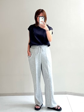 「nissen（ニッセン）のダンボールピンタックワイドパンツ（接触冷感・吸汗速乾）＜大きいサイズ有＞（パンツ、グレー系）」を使った、chiiiさん（レディース・157cm）の夏コーディネート