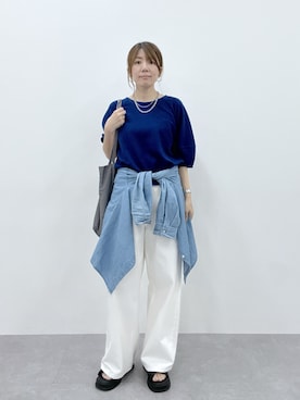 「nissen（ニッセン）のふくれジャガードカットソーランタンスリーブ５分袖トップス（イージーケア・ＵＶカット・接触冷感）＜大きいサイズ有＞（Tシャツ/カットソー、ブルー系）」を使った、chiiiさん（レディース・157cm）の春コーディネート