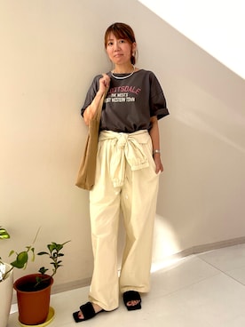 「nissen（ニッセン）の２点セット（ヘンリーネックリブトップス＋ツイル腰巻きパンツ）（Tシャツ/カットソー、ホワイト系）」を使った、chiiiさん（レディース・157cm）の夏コーディネート
