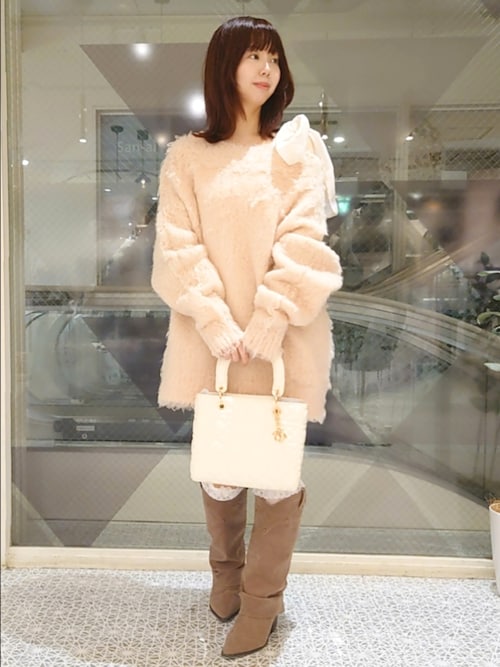 NICE CLAUP メリーカールニットチュニック 肩リボンキャミソール one