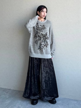 「HARE（ハレ）のフラワーモチーフメランジニット(HARE)（ニット/セーター）」を使った、しおりさん（レディース・173cm）の秋コーディネート