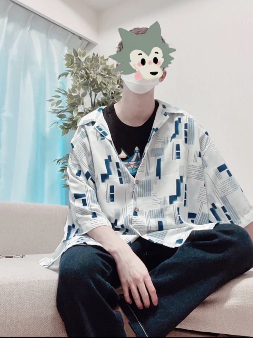 「スカイピース、コムドット、Haikyo、柄シャツ、柄シャツ#古着」｜「CIAOPANICのアイテム（その他パンツ、ブルー系）」を使った、arumashiroさん（メンズ・170cm）の春コーディネートの1枚目の写真