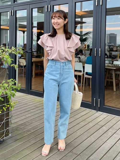 大人可愛いデニムスタイル】リボン刺繍テーパードデニム（デニムパンツ