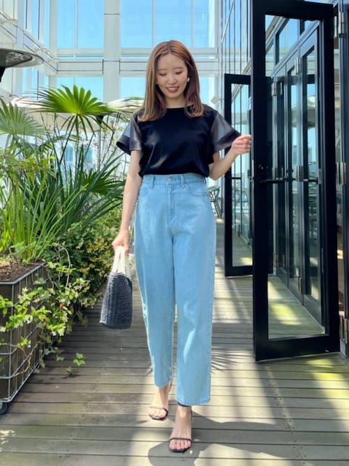 大人可愛いデニムスタイル】リボン刺繍テーパードデニム（デニムパンツ