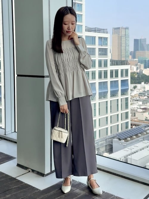 【帯電防止・通勤】ウエストリボン サスペンダー付きワイドパンツ
