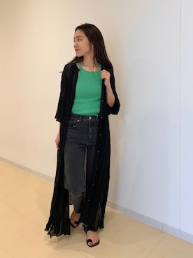 「Ungrid（アングリッド）のハイウエストスリムテーパードデニム（デニムパンツ）」を使った、河村姫夏さん（レディース・152cm）の夏コーディネート