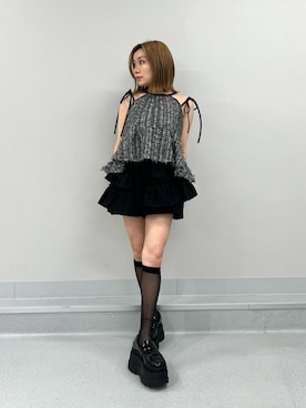 「CALNAMUR（カルナムール）のフリンジアメリカンスリーブトップス（タンクトップ、ブラック系）」を使った、SERINAさん（レディース・148cm）の夏コーディネート