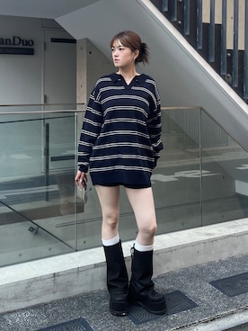 「EMODA（エモダ）のスッキパーニットミニワンピース（ワンピース、ブルー系）」を使った、片岡玲菜さん（レディース・165cm）の秋コーディネート