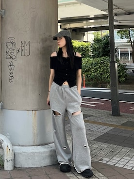 「アイテム（ハンチング/ベレー帽）」を使った、片岡玲菜さん（レディース・165cm）の夏コーディネート
