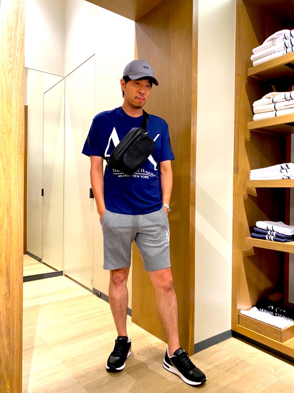 「アルマーニエクスチェンジ、AXchanger、AXchange、夏コーデ、高身長、休日コーデ、ハーフパンツ、ビッグT、オトナカジュアル、高身長コーデ、パパコーデ」｜「ARMANI EXCHANGEの【A|Xアルマーニ エクスチェンジ】A|Xロゴ　パネルキャップ（キャップ、グレー系）」を使った、TOMOYAさん（メンズ・183cm）の夏コーディネートの1枚目の写真
