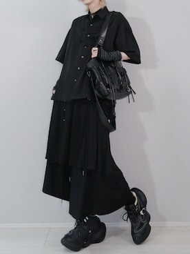 「Ellno Loset（エルノロゼット）のレースアッププリーツラップスカート（スカート、ブラック系）」を使った、96ladさん（メンズ・176cm）の夏コーディネート