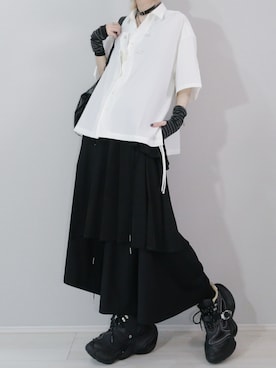 「Ellno Loset（エルノロゼット）のレースアッププリーツラップスカート（スカート、ブラック系）」を使った、96ladさん（メンズ・176cm）の夏コーディネート
