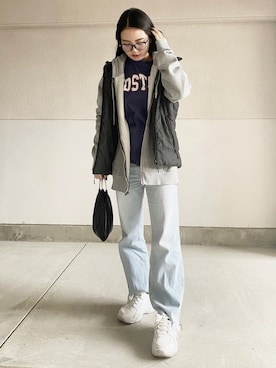 「VINTAGE（ヴィンテージ）のアイテム（ダウンベスト）」を使った、skmtmloさん（レディース・159cm）の冬コーディネート