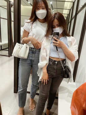 「H&M（エイチ・アンド・エム）のクロップドリブタンクトップ（タンクトップ、ブルー系）」を使った、Kurumiさん（レディース・150cm）の夏コーディネート