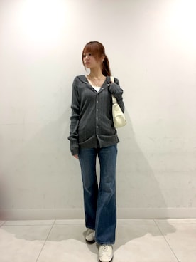 「SENSE OF PLACE by URBAN RESEARCH(センスオブプレイスバイアーバンリサーチ)の『洗濯可』マルチリブニットフーディー(ニット/セーター、グレー系)」を使った、yutsukiさん(レディース・154cm)の春コーディネート