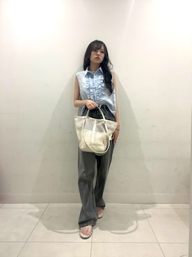 「SENSE OF PLACE by URBAN RESEARCH(センスオブプレイスバイアーバンリサーチ)の2WAYハンドルメッシュバッグ(トートバッグ、ホワイト系)」を使った、yutsukiさん(レディース・154cm)の夏コーディネート