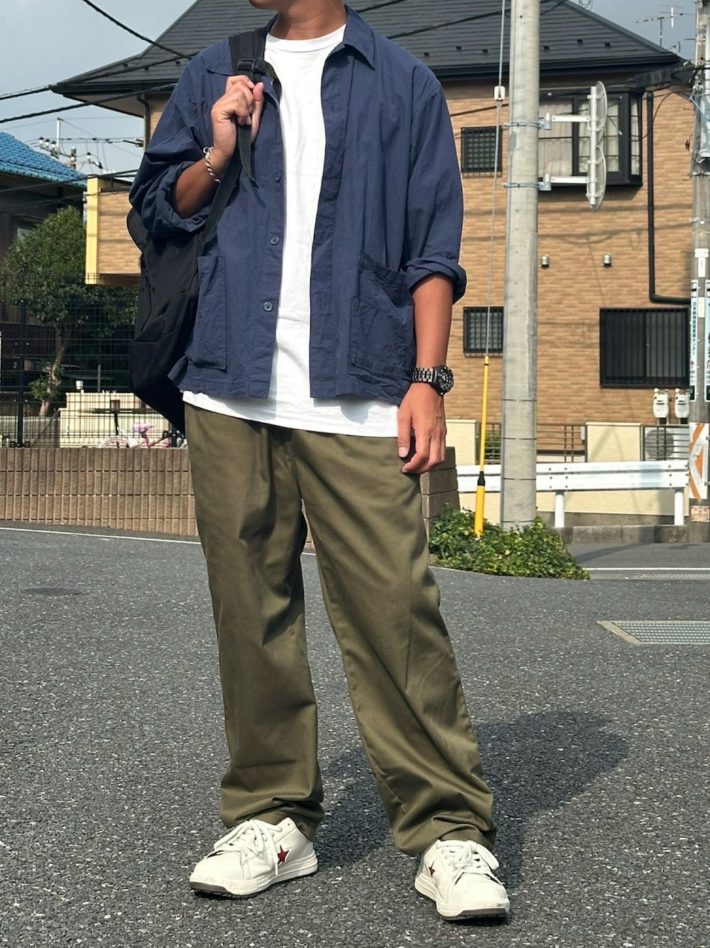 ネイビーアウターとオリーブグリーンパンツとレッドキャップセット RED KAPのその他パンツ（グリーン系）を使った人気ファッション