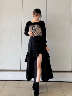 チェックリボンショートレイヤードニットを使った人気ファッション