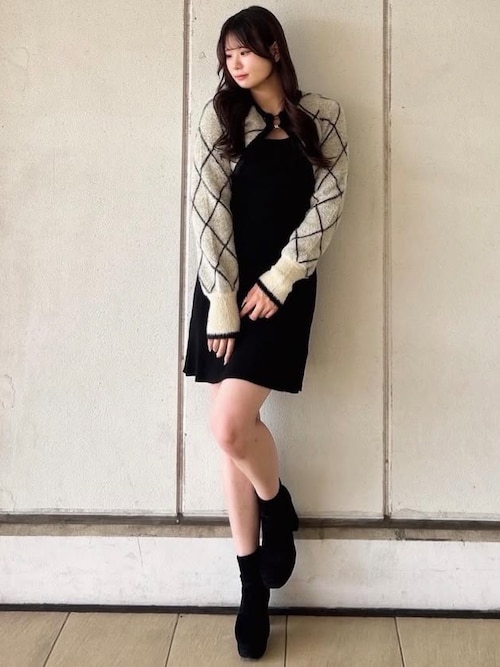 セール】ダイヤ柄シャギーボレロニットワンピース（ワンピース
