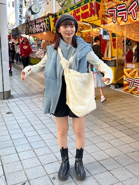 「ブルーコーデ」｜「アイテム（ハンチング/ベレー帽）」を使った、hamamoto hiyoriさん（レディース・156cm）の秋コーディネート